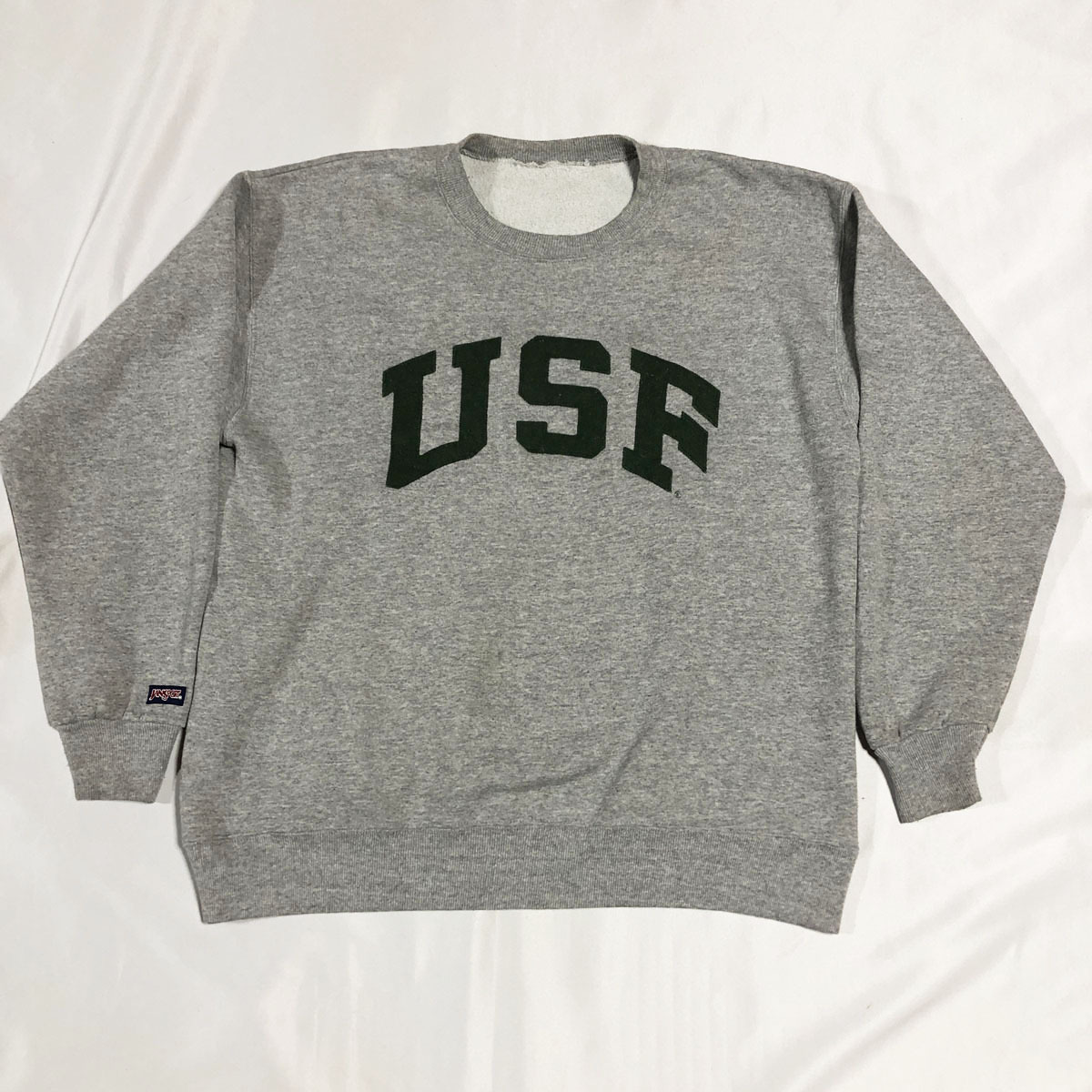 JANSPORT ジャンスポーツ カレッジロゴ USF レタード フェルト アップリケ 針抜きリブ スウェット 霜降り ヘザーグレー 古着_画像4