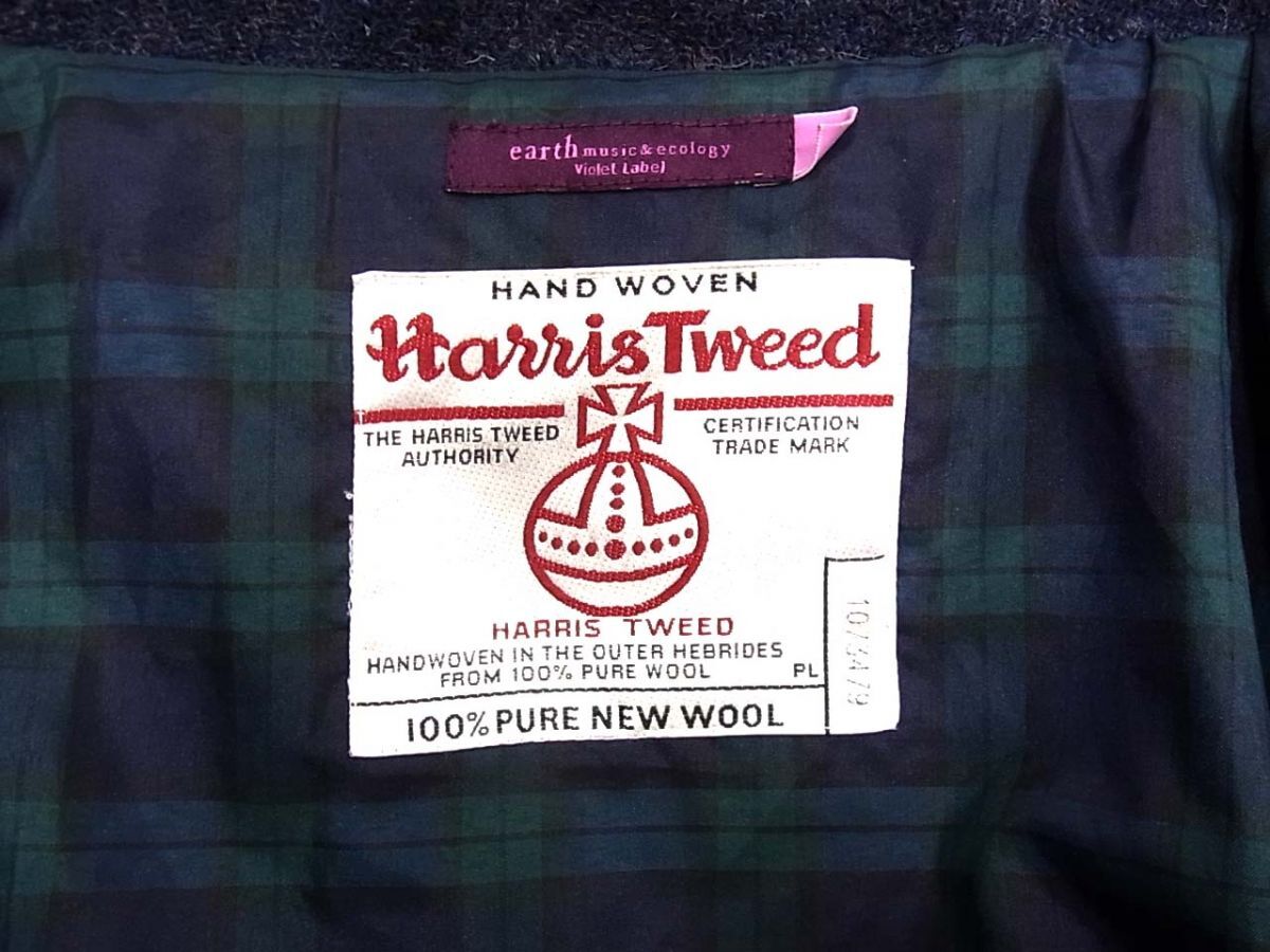 ◆earth music&ecology VioletLabel×HarrisTweed 中綿入り ツイードジャケット 裏地チェック柄 冬物 アース ハリスツイード レディース_画像4