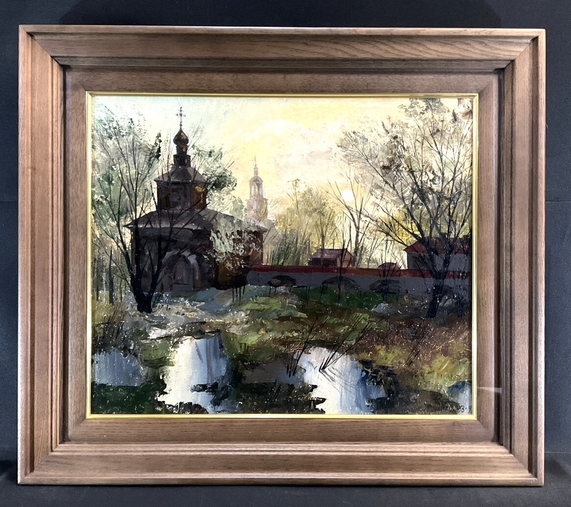 真作■油彩■HACOHOB■教会のある風景■ロシア作家■希少■美しいい逸品■額付絵画 10d_画像2