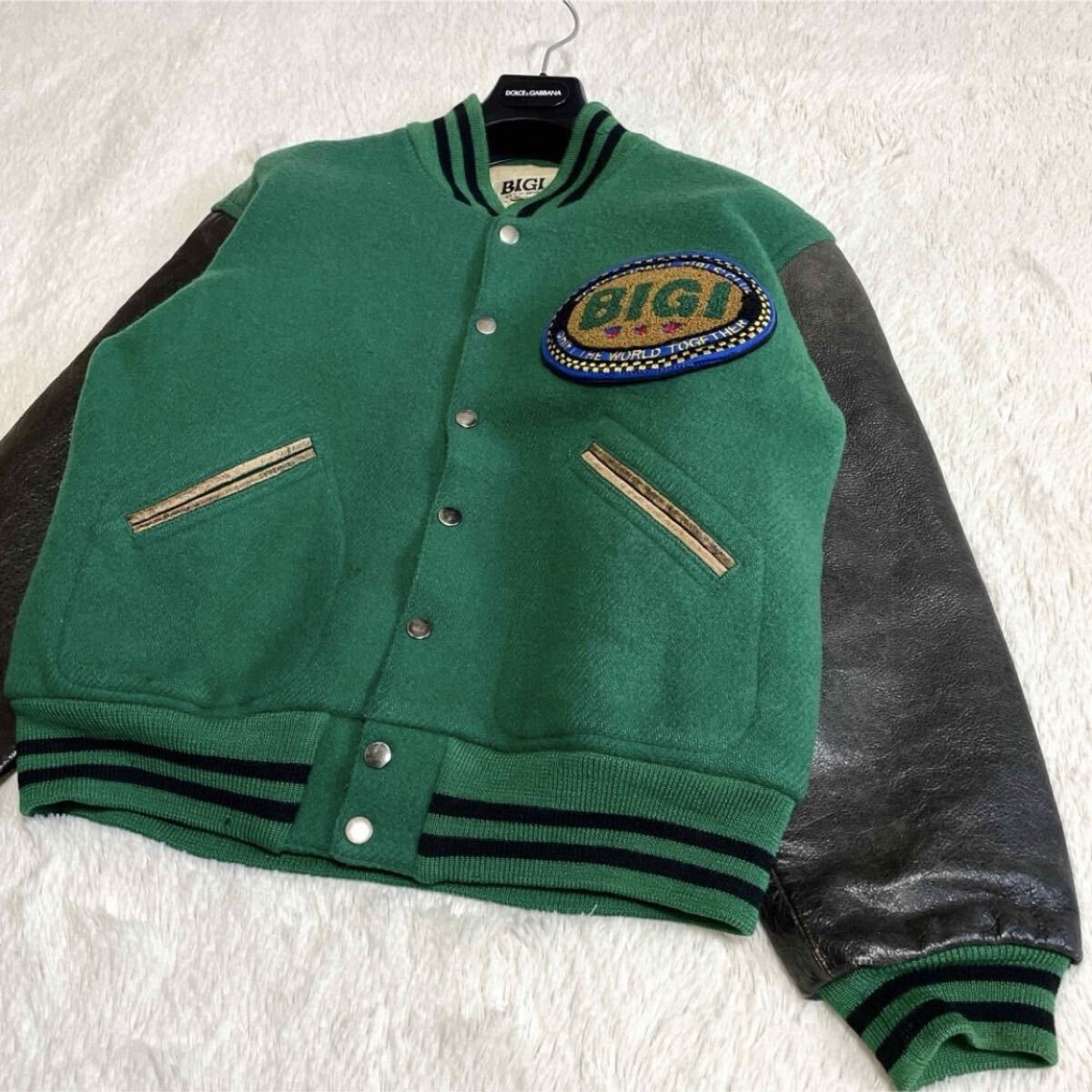 希少 MEN'S BIGI メンズビギ アーチ グリーン レザー スタジャン 本革 レザージャケット ライダース_画像3