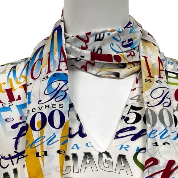 バレンシアガ BALENCIAGA リボンブラウス シャツ マルチカラーロゴプリント タイネック 白 シルク100％ 34 S 7号 レディース S5W053_画像2