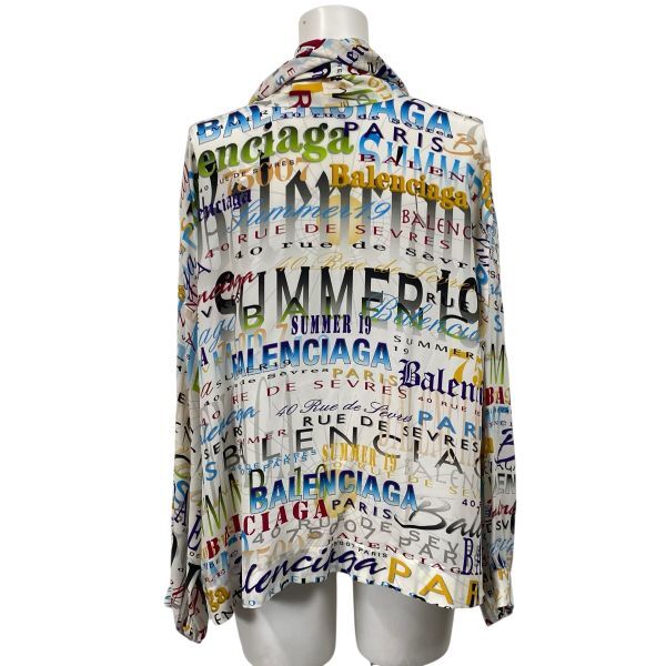 バレンシアガ BALENCIAGA リボンブラウス シャツ マルチカラーロゴプリント タイネック 白 シルク100％ 34 S 7号 レディース S5W053_画像5
