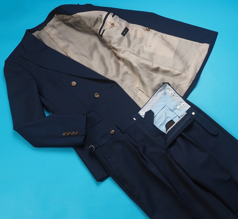 新品サンプル18万円 azabu tailor 麻布テーラー『DORMEUIL ドーメル TONIK 英国製生地』モヘヤ混ウール ダブルスーツ 46A(A5)紺 0211-052_画像2