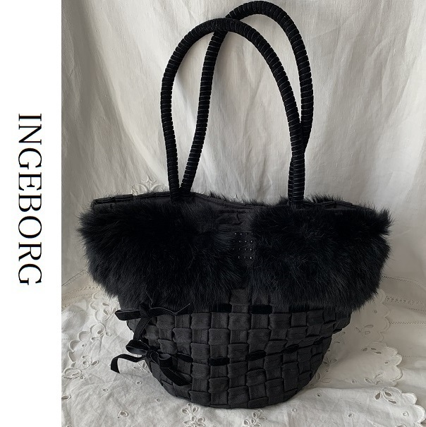 インゲボルグ INGEBORG リボン編みバスケット ファーショルダーバッグ 黒ブラック PINK HOUSE ピンクハウス 金子功 鞄_画像1