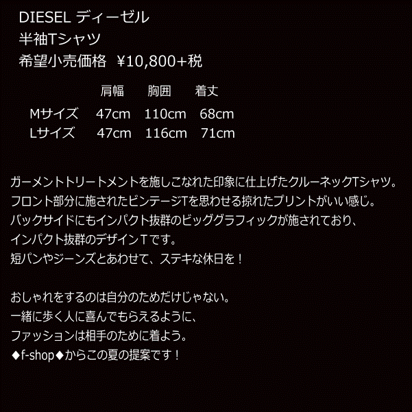 半袖Tシャツ Lサイズ ディーゼル 20SS◆f-shop◆SAS9-0SAPC-900 HT*L インポート メンズ イタリア 1點(diǎn)物 ブラック
