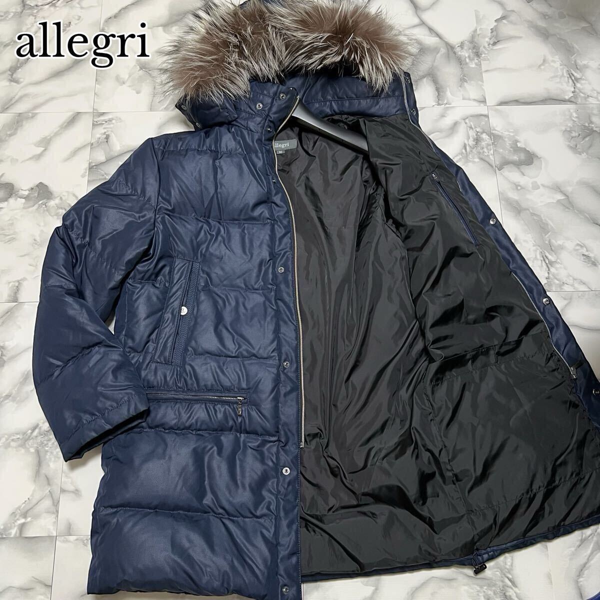 未使用級●希少XL! アレグリ allegri ダウンコート ジャケット 3way フォックスファー フード着脱可 ヘリンボーン 肉厚 極暖 LL ネイビー_画像1