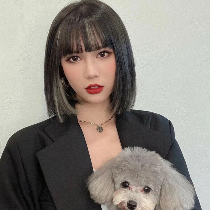 ショート ウィッグ フルウィッグ ポイントカラー ツートン K-POP 黒髪 アッシュ バイカラー レディース ウイッグ おしゃれ_画像3