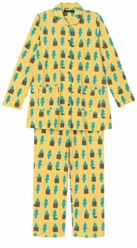 マタノアツコ★ワコール★前開き 襟付き 長袖パジャマ★Lサイズ★迷子になっている黒猫★綿100% 強撚天竺素材★イエローxグリーン/俣野温子_画像1