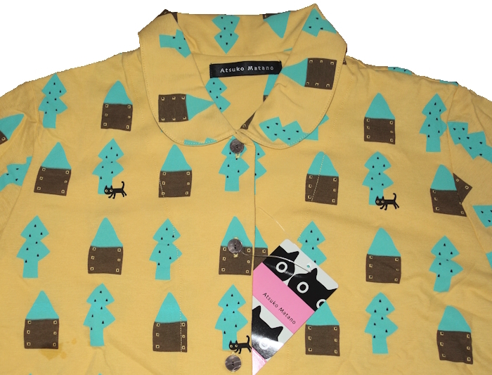 マタノアツコ★ワコール★前開き 襟付き 長袖パジャマ★Lサイズ★迷子になっている黒猫★綿100% 強撚天竺素材★イエローxグリーン/俣野温子_画像3