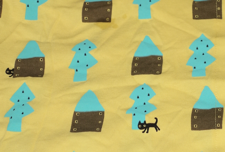 マタノアツコ★ワコール★前開き 襟付き 長袖パジャマ★Lサイズ★迷子になっている黒猫★綿100% 強撚天竺素材★イエローxグリーン/俣野温子_画像4