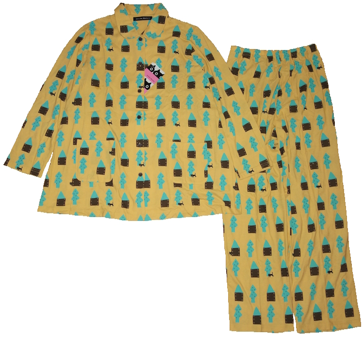 マタノアツコ★ワコール★前開き 襟付き 長袖パジャマ★Lサイズ★迷子になっている黒猫★綿100% 強撚天竺素材★イエローxグリーン/俣野温子_画像2