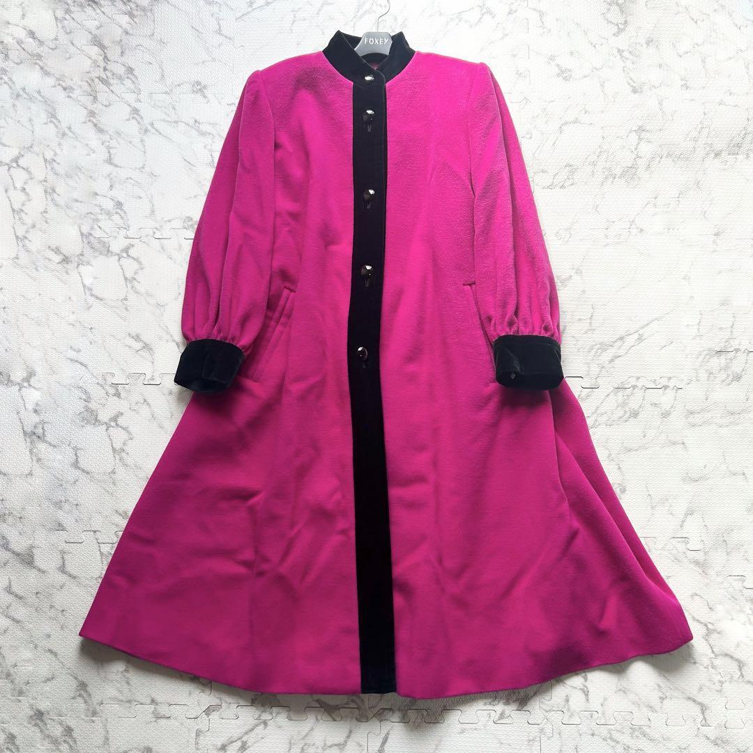 希少◎着丈114cm!! Yves Saint Laurent イヴサンローラン ヴィンテージ ロングコート ベルベット フレア ベロア 高級感 レトロ ピンク 黒_画像2
