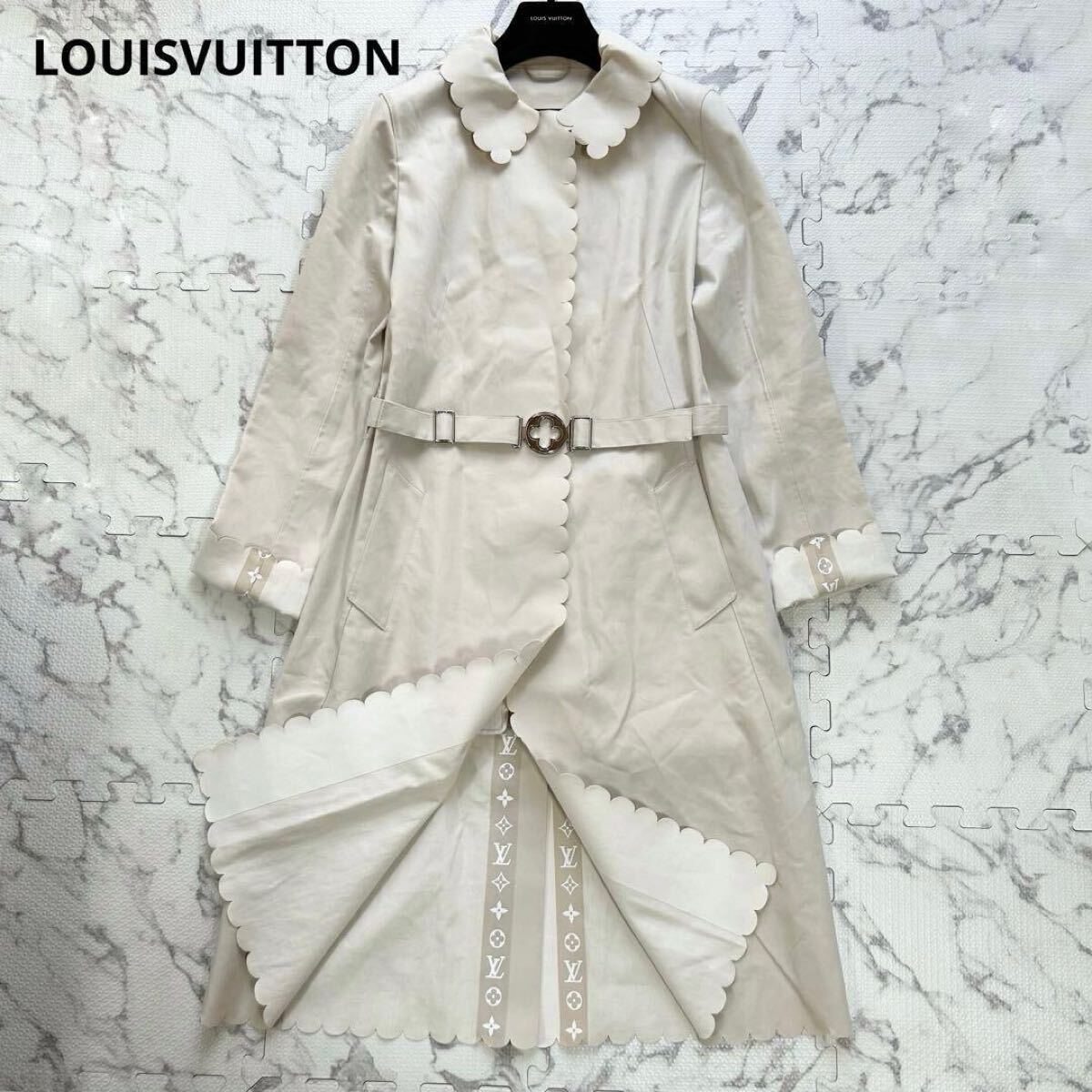 希少◎ LOUIS VUITTON ルイヴィトン ベルト付 スカラップ ステンカラーコート ロングコート 裏地ロゴトリム 34 モノグラム_画像1
