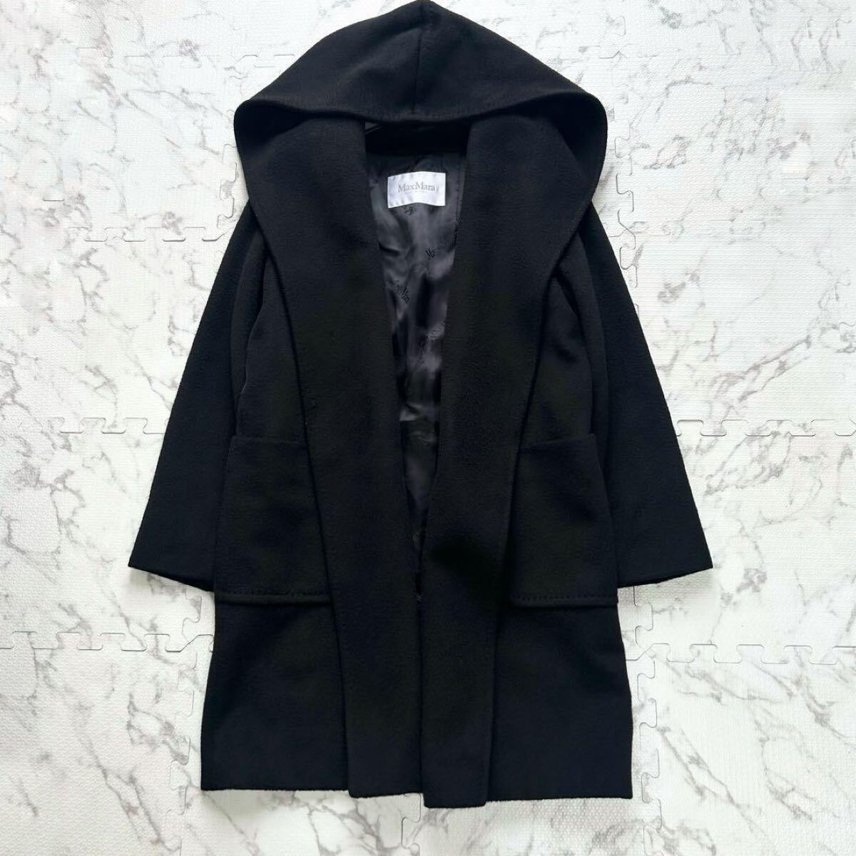 極美品◎定価45万!! MaxMara マックスマーラ リアルト RIALTO キャメル100% フーデットコート ウールコート 白タグ 最高級 40 L相当 黒_画像2