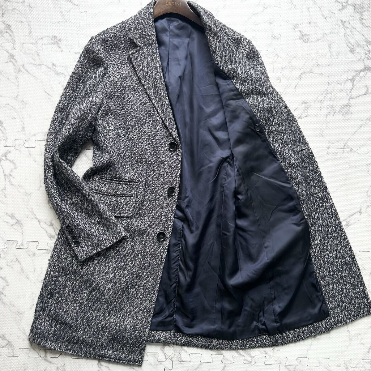 美品/L相当●エポカウォモ EPOCA UOMO アーガイル総柄 ウール チェスター コート ロング丈 アウター 白紺メランジ 起毛素材 メンズ 48_画像1