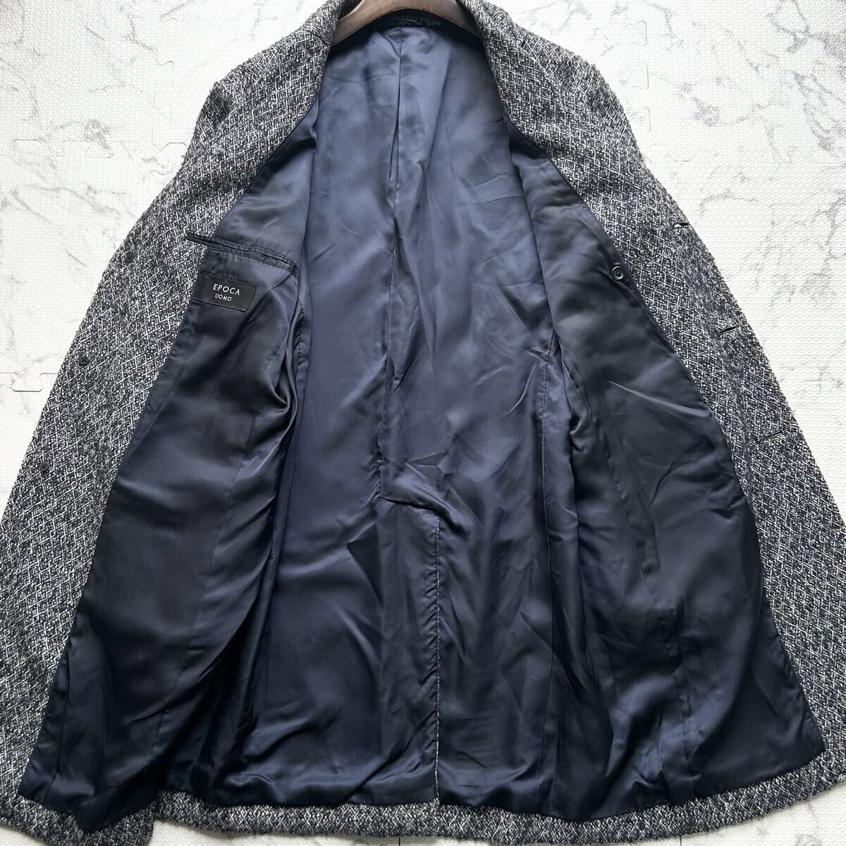 美品/L相当●エポカウォモ EPOCA UOMO アーガイル総柄 ウール チェスター コート ロング丈 アウター 白紺メランジ 起毛素材 メンズ 48_画像3