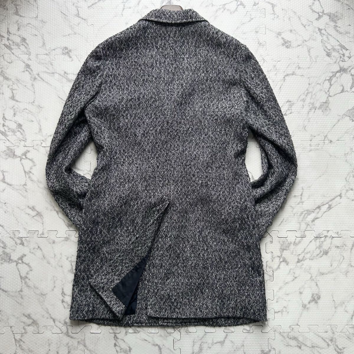 美品/L相当●エポカウォモ EPOCA UOMO アーガイル総柄 ウール チェスター コート ロング丈 アウター 白紺メランジ 起毛素材 メンズ 48_画像4