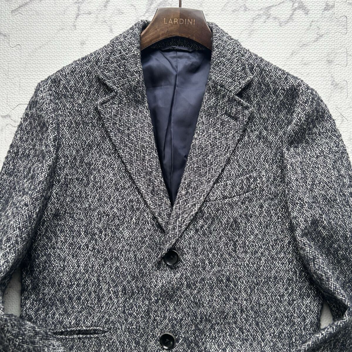 美品/L相当●エポカウォモ EPOCA UOMO アーガイル総柄 ウール チェスター コート ロング丈 アウター 白紺メランジ 起毛素材 メンズ 48_画像5