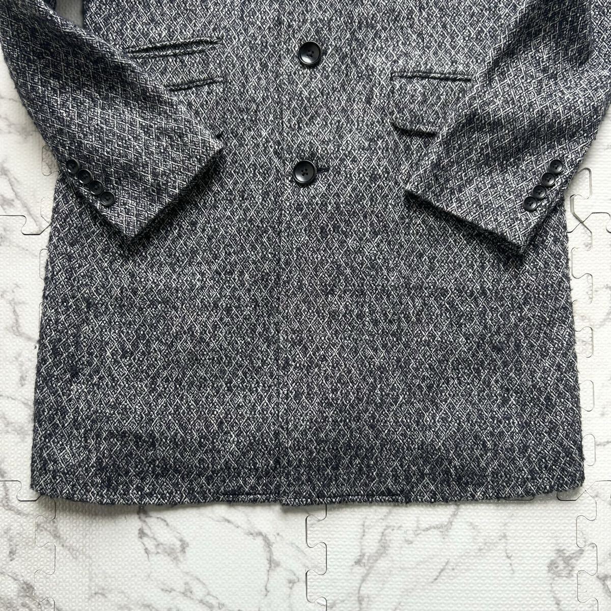 美品/L相当●エポカウォモ EPOCA UOMO アーガイル総柄 ウール チェスター コート ロング丈 アウター 白紺メランジ 起毛素材 メンズ 48_画像6