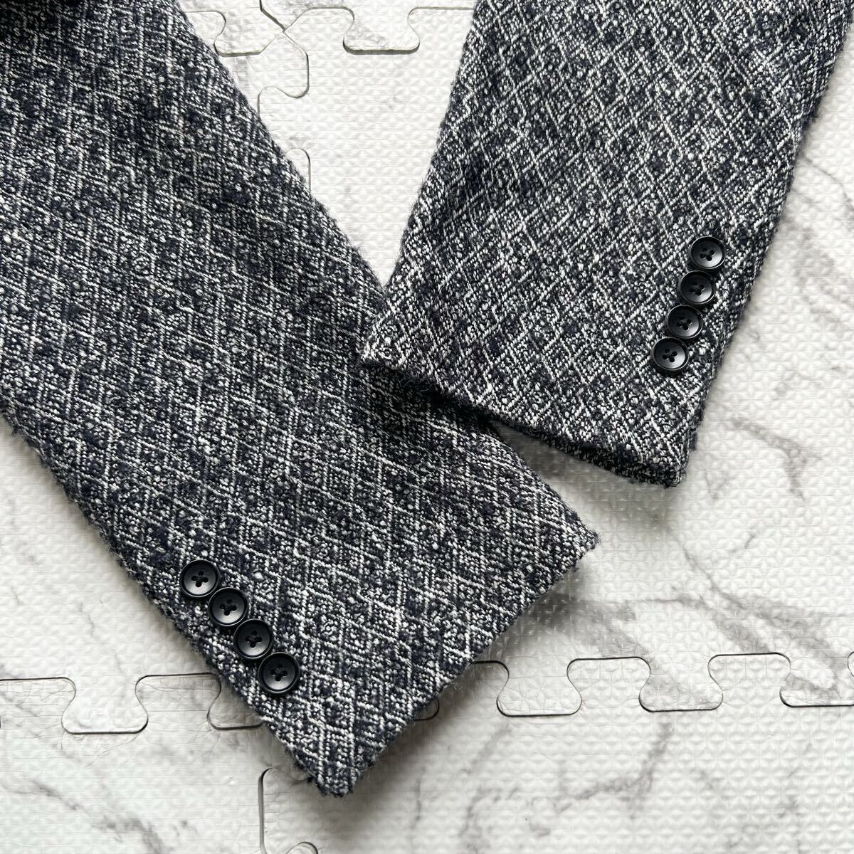 美品/L相当●エポカウォモ EPOCA UOMO アーガイル総柄 ウール チェスター コート ロング丈 アウター 白紺メランジ 起毛素材 メンズ 48_画像7