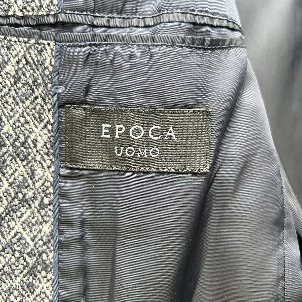 美品/L相当●エポカウォモ EPOCA UOMO アーガイル総柄 ウール チェスター コート ロング丈 アウター 白紺メランジ 起毛素材 メンズ 48_画像9