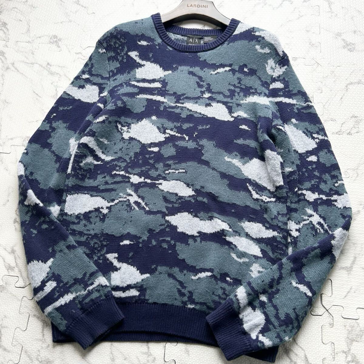 美品/L相当●ARMANI EXCHANGE アルマーニ エクスチェンジ ニット セーター モヘヤ ウール カモフラ柄 迷彩柄 ネイビー メンズ_画像1