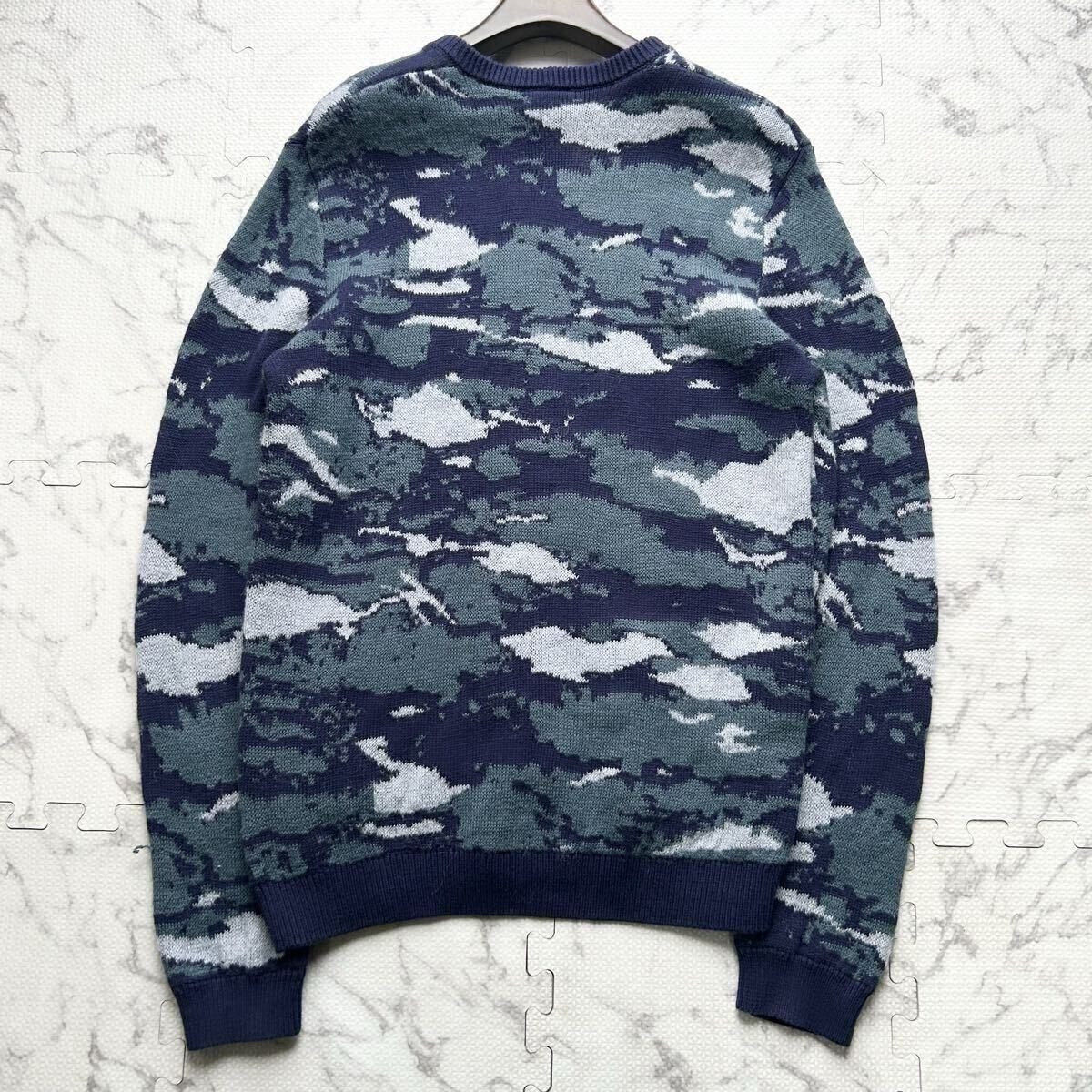美品/L相当●ARMANI EXCHANGE アルマーニ エクスチェンジ ニット セーター モヘヤ ウール カモフラ柄 迷彩柄 ネイビー メンズ_画像3