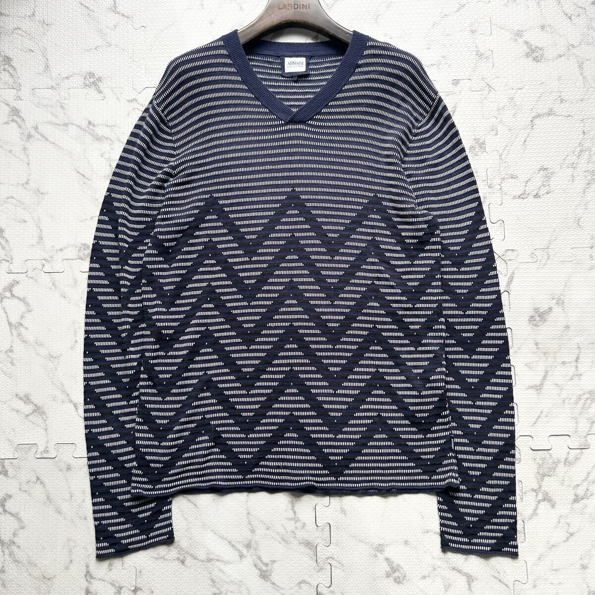 美品/XL相当● ARMANI COLLEZIONI アルマーニ コレツィオーニ ニット セーター シルク混 刺繍 Vネック 幾何学柄 ネイビー メンズ 52_画像2