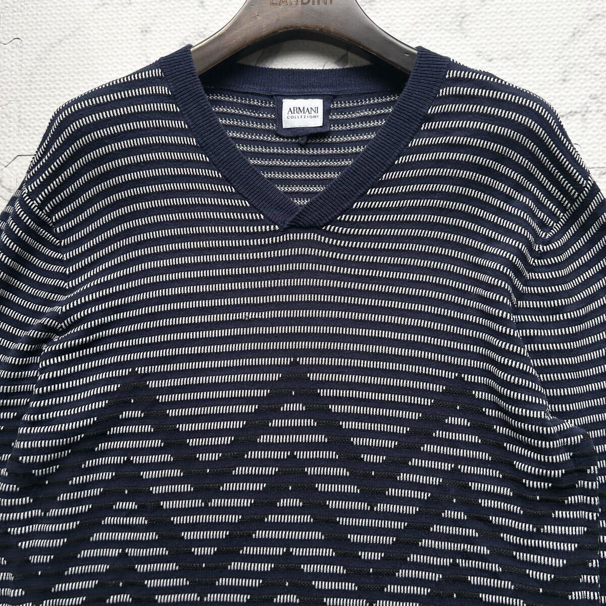 美品/XL相当● ARMANI COLLEZIONI アルマーニ コレツィオーニ ニット セーター シルク混 刺繍 Vネック 幾何学柄 ネイビー メンズ 52_画像4