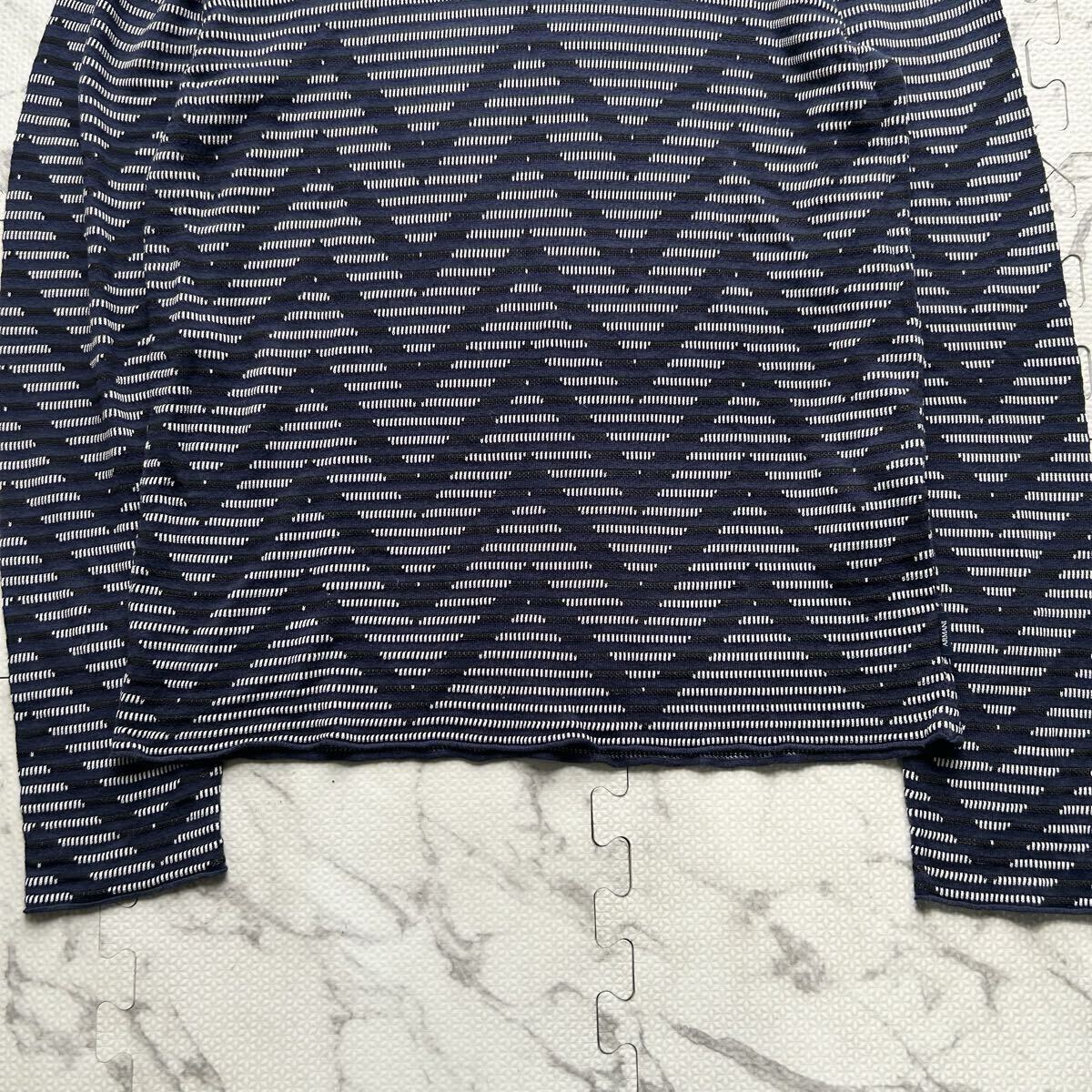 美品/XL相当● ARMANI COLLEZIONI アルマーニ コレツィオーニ ニット セーター シルク混 刺繍 Vネック 幾何学柄 ネイビー メンズ 52_画像5