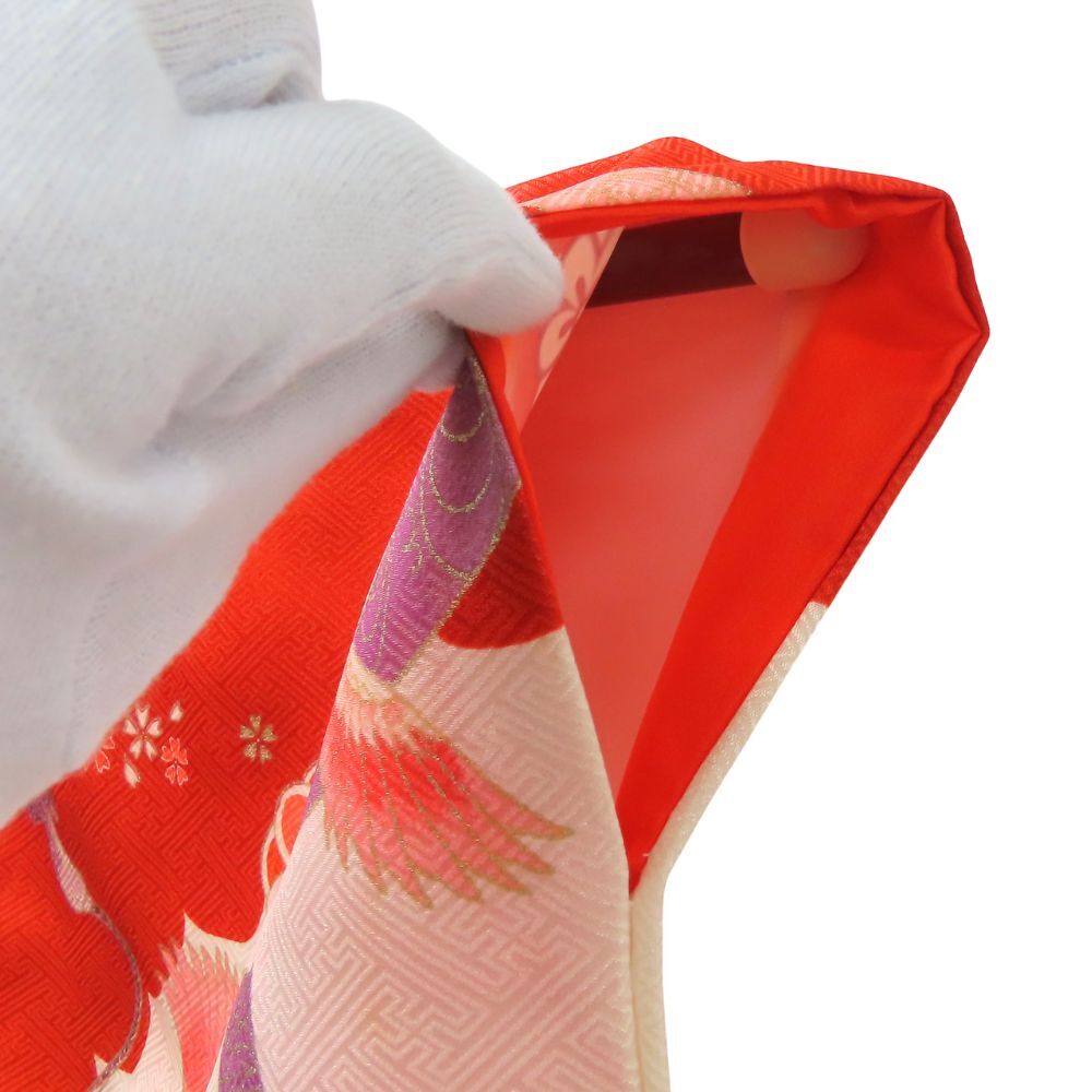 中古 子供着物 七五三 正絹(金銀糸除く) 化学繊維 レッド クリーム ピンク 女の子 3歳 祝い着 和装 呉服 和服 きもの_画像6
