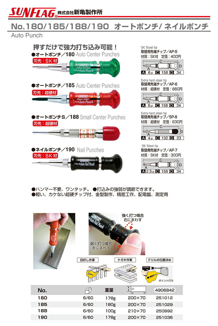 数量限定 〈SUNFLAG〉オートポンチＳ　超鋼材　No.188　JAN：4906842250992_画像2