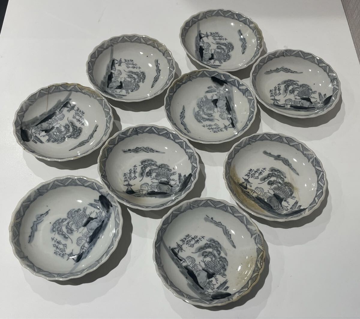 時代物 古伊万里焼 染付 和食器 皿 小皿 銘々皿 磁器 明治期 大正期 昭和期 和骨董 骨董 古い 古玩 古美術品 計9枚_画像3