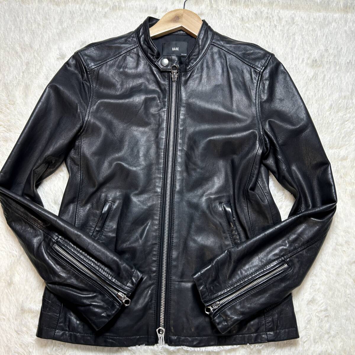 美品/ラムレザー◎HARE ハレ シングルライダース ジャケット ブラック 黒 シープスキン 羊革 Mサイズ カジュアル 本革 革ジャン_画像2