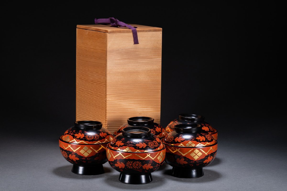 【雲錦】某有名オークション購入 時代物 輪島塗 金蒔絵吸物碗 五客 共箱 古置物 古擺件 古美術 時代コレクションWK9-242Lの画像1