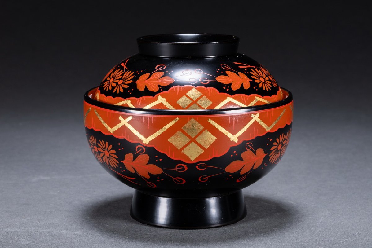 【雲錦】某有名オークション購入 時代物 輪島塗 金蒔絵吸物碗 五客 共箱 古置物 古擺件 古美術 時代コレクションWK9-242Lの画像2