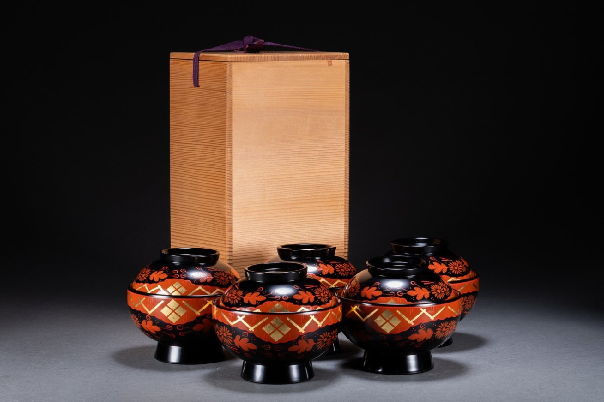 【雲錦】某有名オークション購入 時代物 輪島塗 金蒔絵吸物碗 五客 共箱 古置物 古擺件 古美術 時代コレクションWK9-241Lの画像1