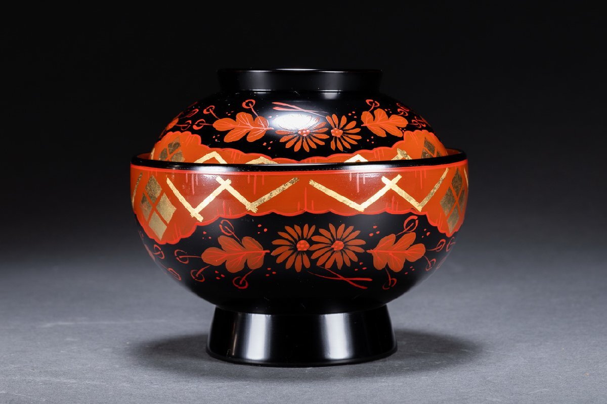 【雲錦】某有名オークション購入 時代物 輪島塗 金蒔絵吸物碗 五客 共箱 古置物 古擺件 古美術 時代コレクションWK9-241Lの画像3