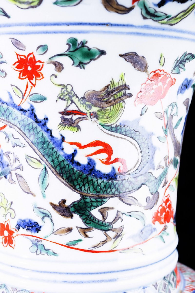 【珍品堂】1円から M12-U05 大明萬暦年制 中國美術(shù) 染錦 云龍紋 花瓶 高41cm 花入 飾壺 花器 時代物 懐石 骨董品 古美術(shù)
