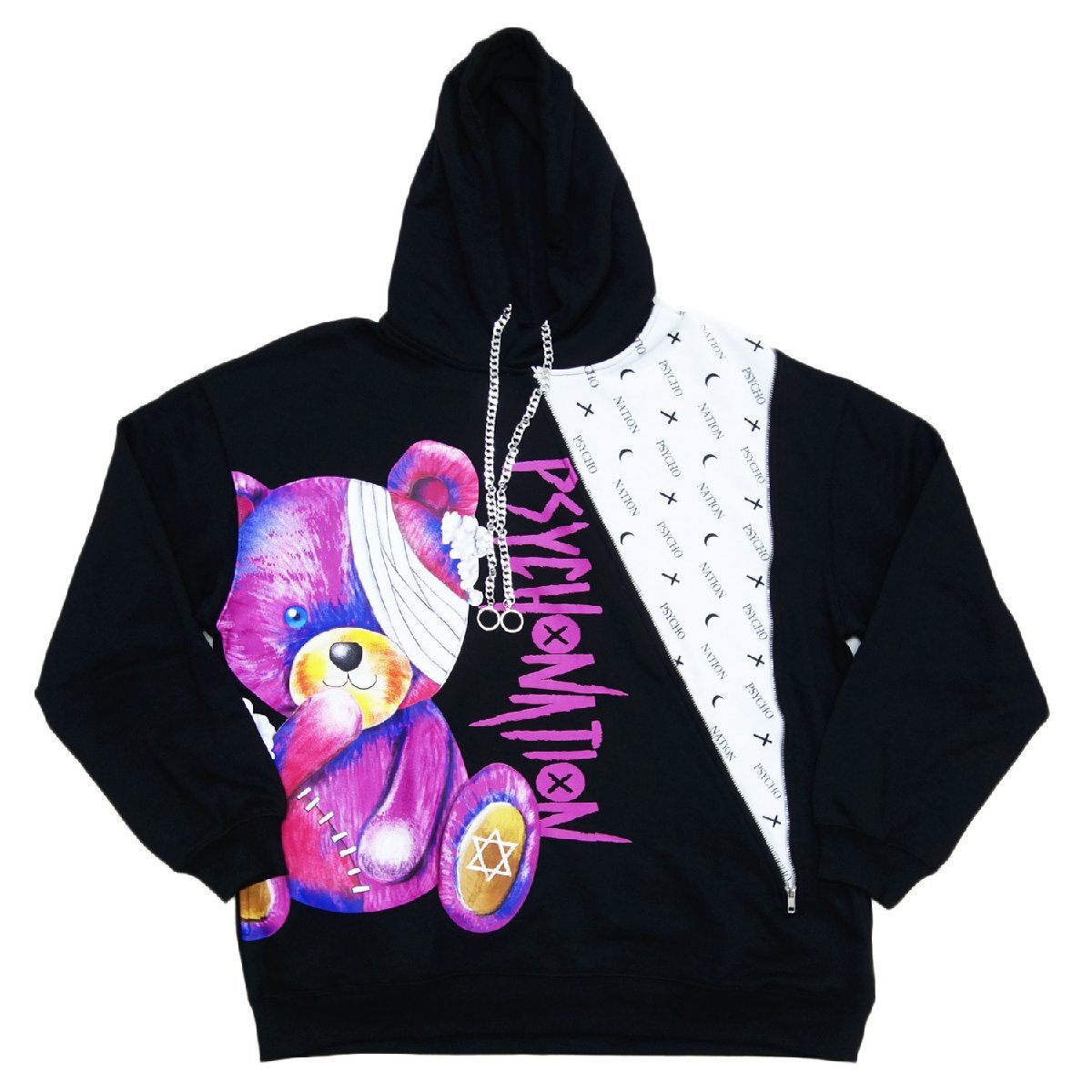 送料無料 サイコネーション 黒 46 [L] サイズ 142619 長袖 パーカー ドロップショルダー 病み系 熊 ビッグサイズ スウェット 裏起毛 MCF_画像1