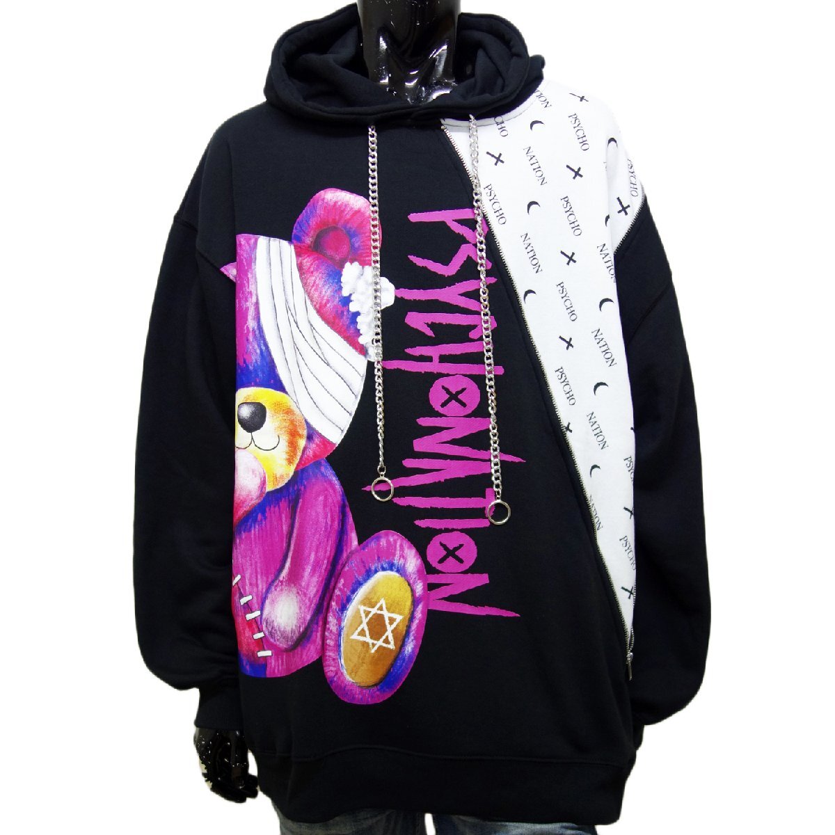 送料無料 サイコネーション 黒 46 [L] サイズ 142619 長袖 パーカー ドロップショルダー 病み系 熊 ビッグサイズ スウェット 裏起毛 MCF_画像9