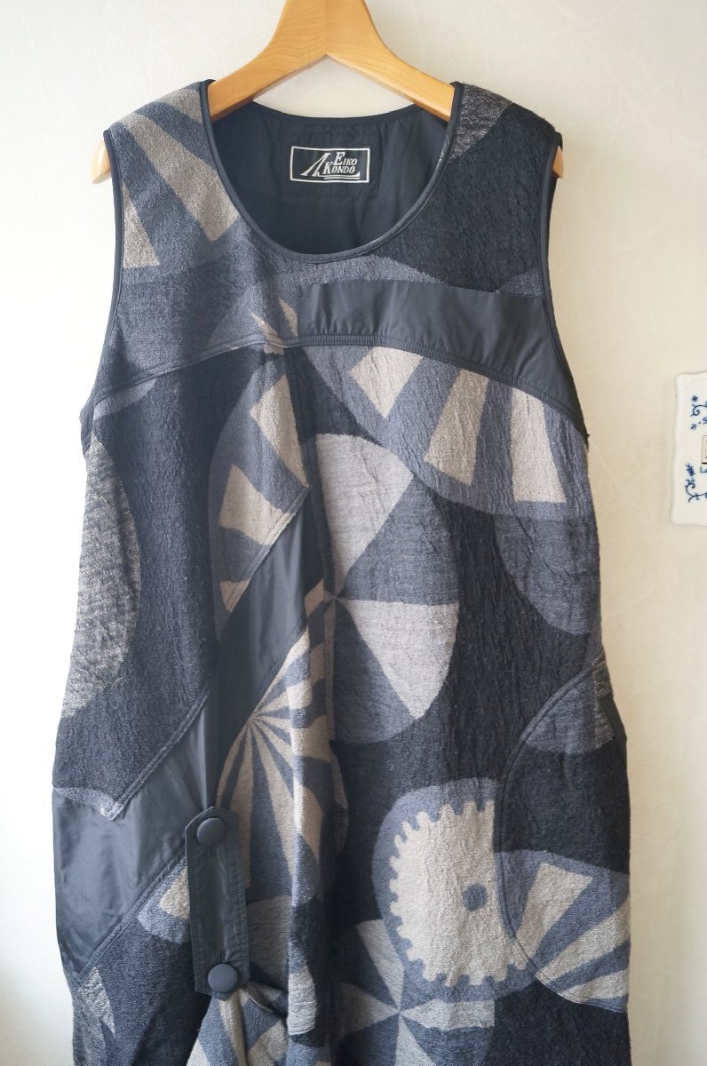 ★EIKO KONDO /エイココンドウ *秋冬 ウール混 幾何学模様 変形 切替デザイン ワンピース /黒グレー 42*　古着のgplus広島 2510t3_画像3