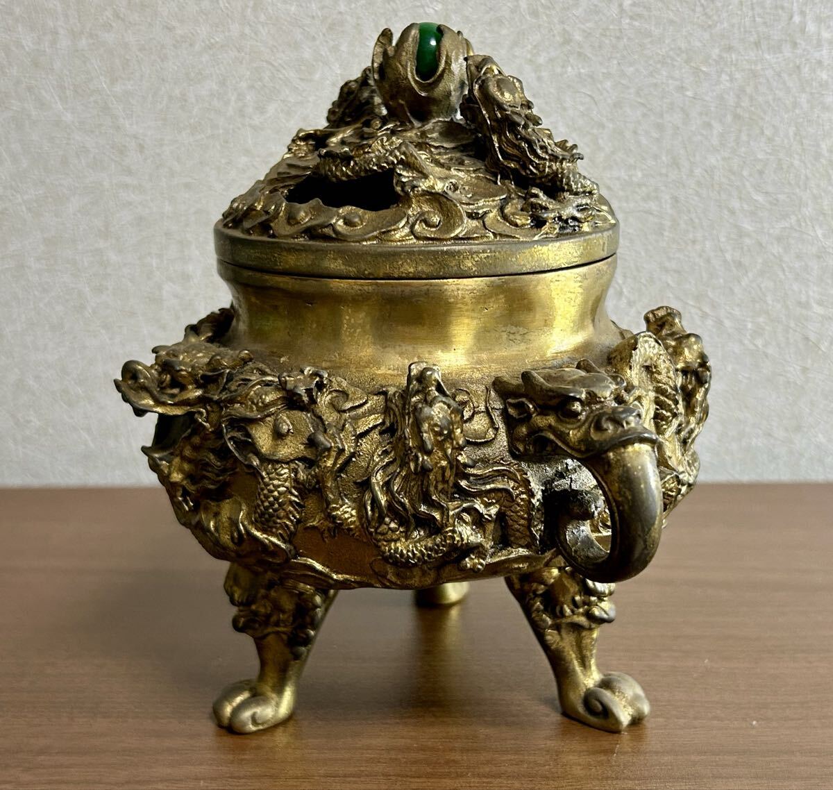 香炉 置物 中国 真鍮製 獅子 3足 アンティーク 龍 総重量約1.5kg_画像3