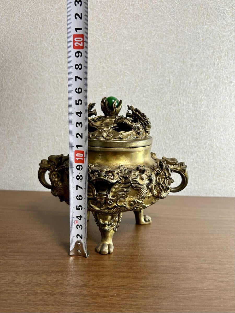 香炉 置物 中国 真鍮製 獅子 3足 アンティーク 龍 総重量約1.5kg_画像9