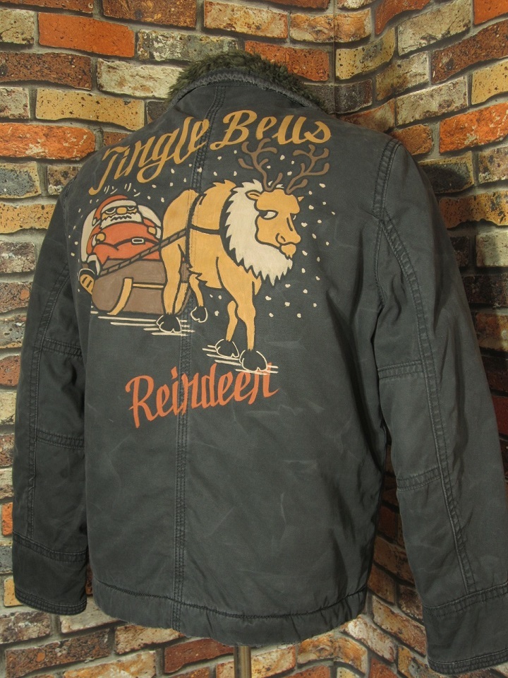 アメリカンイーグル ミリタリージャケット Lサイズ40 大きめ サンタクロース トナカイ コットン ダメージ加工 裏キルティング 松岡佳博_画像3