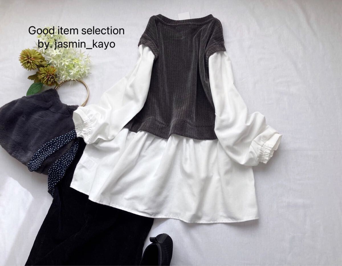 ◆新品LL~3L/ゆったり着たいL◆キレイな艶感*模様編みベロア風モールニット×布帛生地をたっぷり使った可愛いレイヤードtops*チャコール_画像9