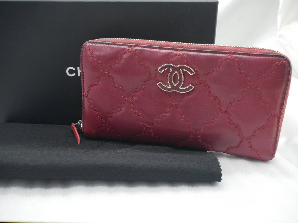 Chanel シャネル ウルトラステッチ マトラッセ ココマーク ロングウォレット ラウンドファスナー ボルドー 紫_画像2