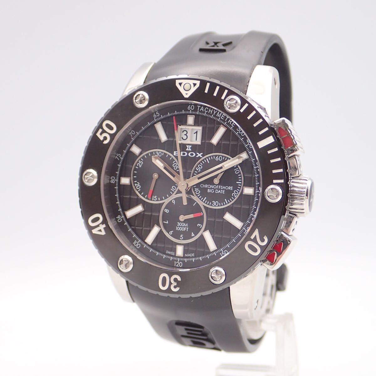 お09090/EDOX エドックス/クラスワン/クロノオフショア/クオーツ/メンズ腕時計/300M/クロノグラフ/スモセコ/文字盤 ブラック_画像1