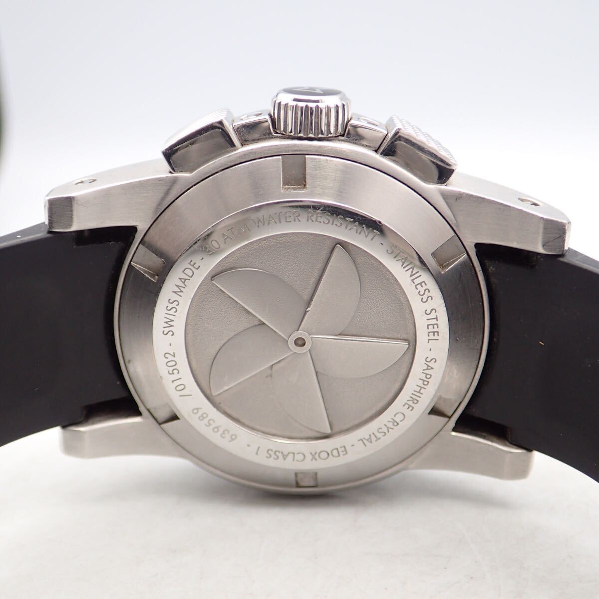 お09090/EDOX エドックス/クラスワン/クロノオフショア/クオーツ/メンズ腕時計/300M/クロノグラフ/スモセコ/文字盤 ブラック_画像8