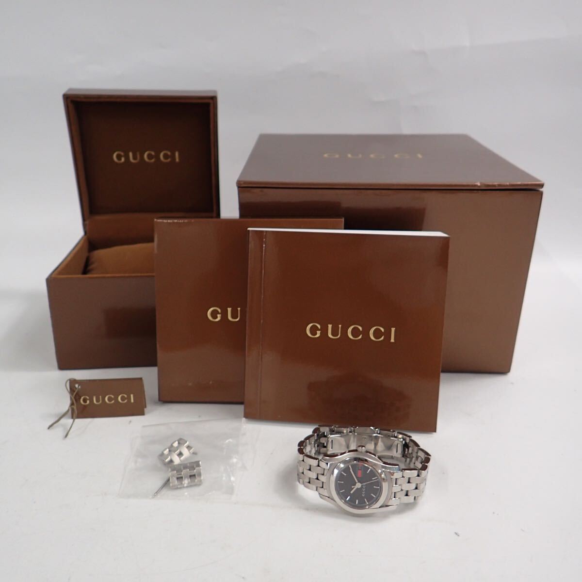 お09280 グッチ GUCCI 5500L レディース ウォッチ クオーツ SS 黒文字盤 デイト 箱付 スイス製 Cランク_画像1